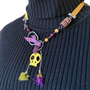 3x35$ 💀 Handmade - Skull short necklace - ruban bead feather -yellow purple